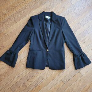 Calvin Klein Black Blazer Bell Ruffle Sleeves Sz 6 Stretch One Button